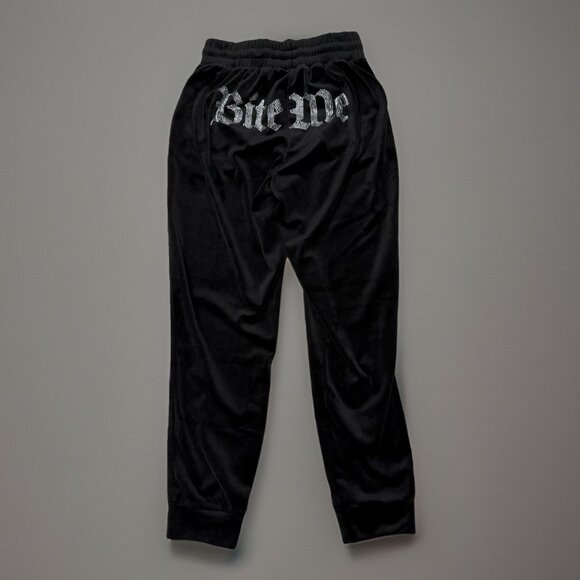 Y2K Style Velour Pants Womens Small Black 'Bite Me' Rhinestones Casual (25x28.5) - Picture 1 of 13